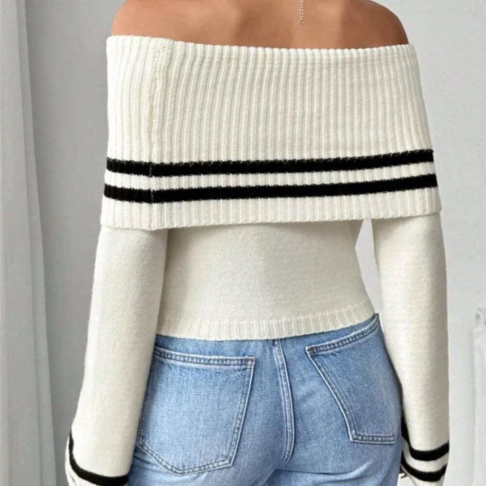 Ribbed Off-Shoulder Striped Knit Top - Picture 3 of 6